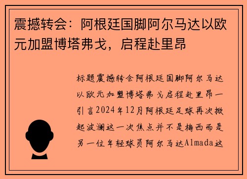 震撼转会：阿根廷国脚阿尔马达以欧元加盟博塔弗戈，启程赴里昂